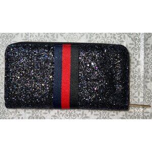 Black Glitter Wallet Red Stripe Zipper Multiple Compartments Compact Size